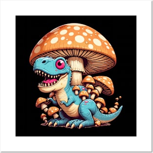 Cute Funny Velociraptor Mushroom Hat Dinosaur Garden Posters and Art